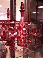 Five pieces of red Bohemian glass including
