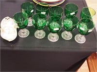 10 green Boopie water goblets and a china