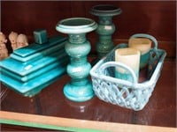 Collection of home decor items, mostly glazed