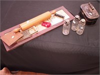 Group of items including wooden rolling pin,