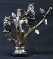 OWLS ON A TREE WITH MARBLE BASE