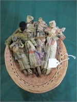 6 old dolls in basket - history unknown