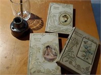 Victorian books (3), ink well, glass