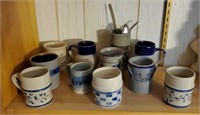 Blue pottery, silverware, mugs, crock