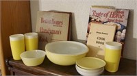 Kitchen lot, Pyrex and Fire King dishes, cookbooks