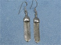 Navajo Dead Pawn Sterling Feather Earrings