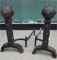 Pair of massive wrought iron fireplace endirons -