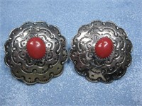 Navajo Nickel Silver & Red Block Concho Earrings