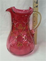 Hand Blown Vict. Cranberry Water Pitcher w/ Gold