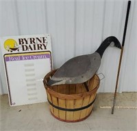 Old bushel basket, Byrne dairy sign wooden golf