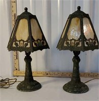 Pair of slag glass table lamps - the metal has a