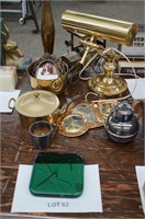 assort. brass, desk lamp, musical Model T, pots,