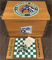 Rolling Rock wooden box, checkers set limited ed.
