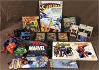 Superhero books, pictures, glasses, figures lot