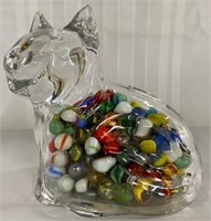 Clear Glass Cat Bank w/ Marbles.