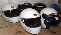 5 race helmets, 2 neck braces