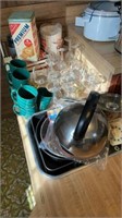 Kitchen bakeware, coffee grinder, glassware,