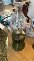 Green glass oil lamp with chimney