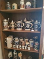 Group of steins. Contents of 2 shelves lots of