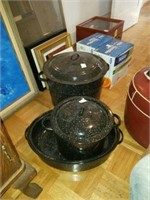 Granite ware canners, small canner, and roaster.