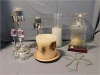 Flat of candles and candle holders - two glass