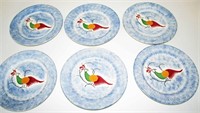 M.E.W.  (6) 8.5"D Peafowl Spatter Dinner Plates
