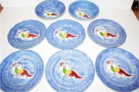 M.E.W. (8) Peafowl Spatter 9" Plates, 8" Bowls