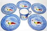 M.E.W. (6) Peafowl Spatter Handled Mug, Plates