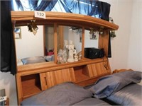 Solid oak queen bed, lighted headboard w/ sliding