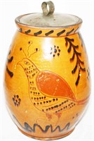 Shooner *"H Redware Birds Storage Jar w/ Tin Lid