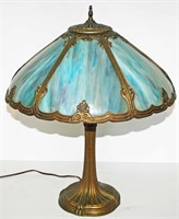 Cast Metal Blue Slag Glass Dome Table Lamp 22"H