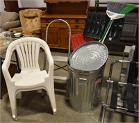 Step Ladder, Patio Chairs, Trash Can +
