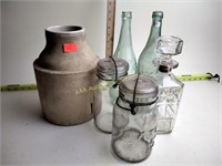Old bottles, canning jars, stoneware jar,