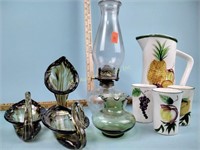 Cherokee glass swans, oil lamp, miscellaneous