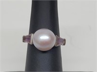.925 Sterling Silver Pearl/Amethyst Ring