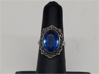 .925 Sterl Silv Sapphire/Marcasite Ring