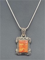 .925 Sterling Silver Orange Stone Pendant & Chain