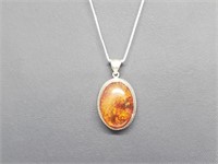 .925 Sterling Silver Amber Pendant & Chain