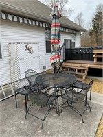 WROUGHT IRON BISTRO SET WITH CUSHIONS AND IMBRELLA