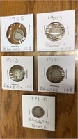 5 Barber dimes. 1905, 1907, 1913, 1914, 1914 D