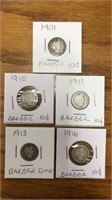 5 Barber dimes. 1901, 1910, 1911, 1913, 1916