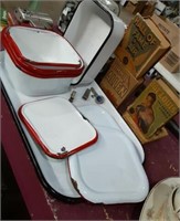 Group of Enamel bowls and trays, plus small books