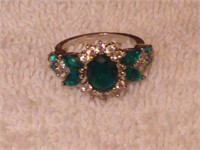 Sterling Silver Ring Clear and Green Stones