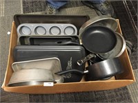 Tote of Misc. Kitchen Items Pots & Pans