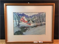 Framed Winter Farm Scene Painting