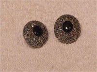 Sterling Silver Onyx and Marcasite Clip Earrings