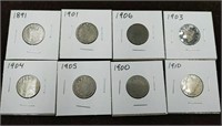 Collection of eight Liberty V Nickels 1891-1910