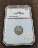 1940-S Silver Mercury Dime coin AU58 slabbed