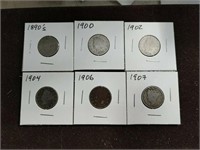 Collection of 6 Liberty V Nickels coins 1890s-1907