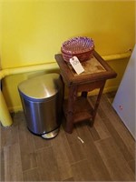 SMALL TABLE, STAINLESS TRASH CAN, LONGABERGER